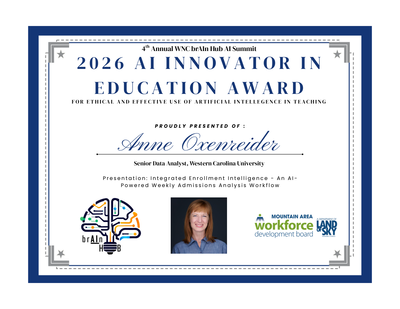 Award certificate for Anne Oxenreider