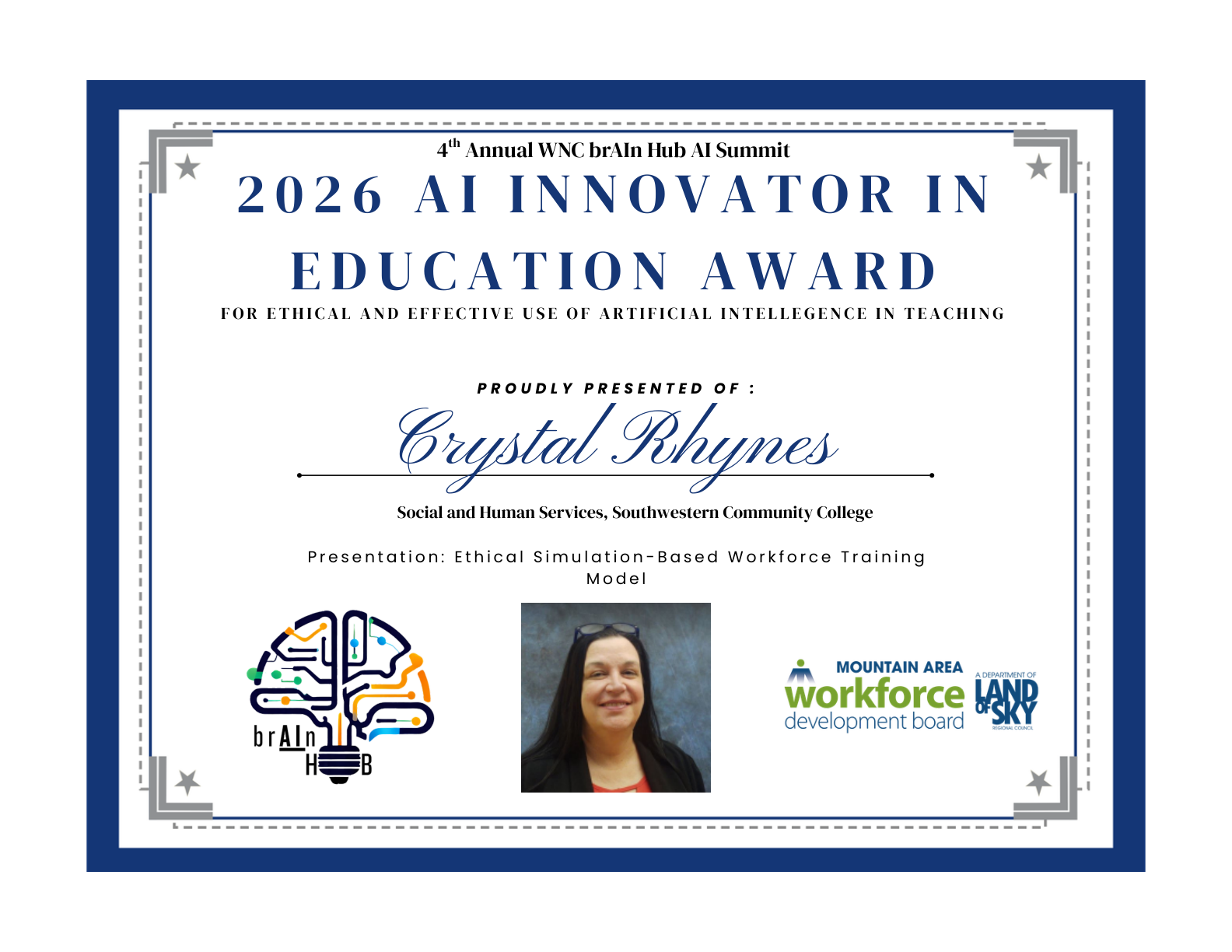 Award certificate for Crystal Rhynes