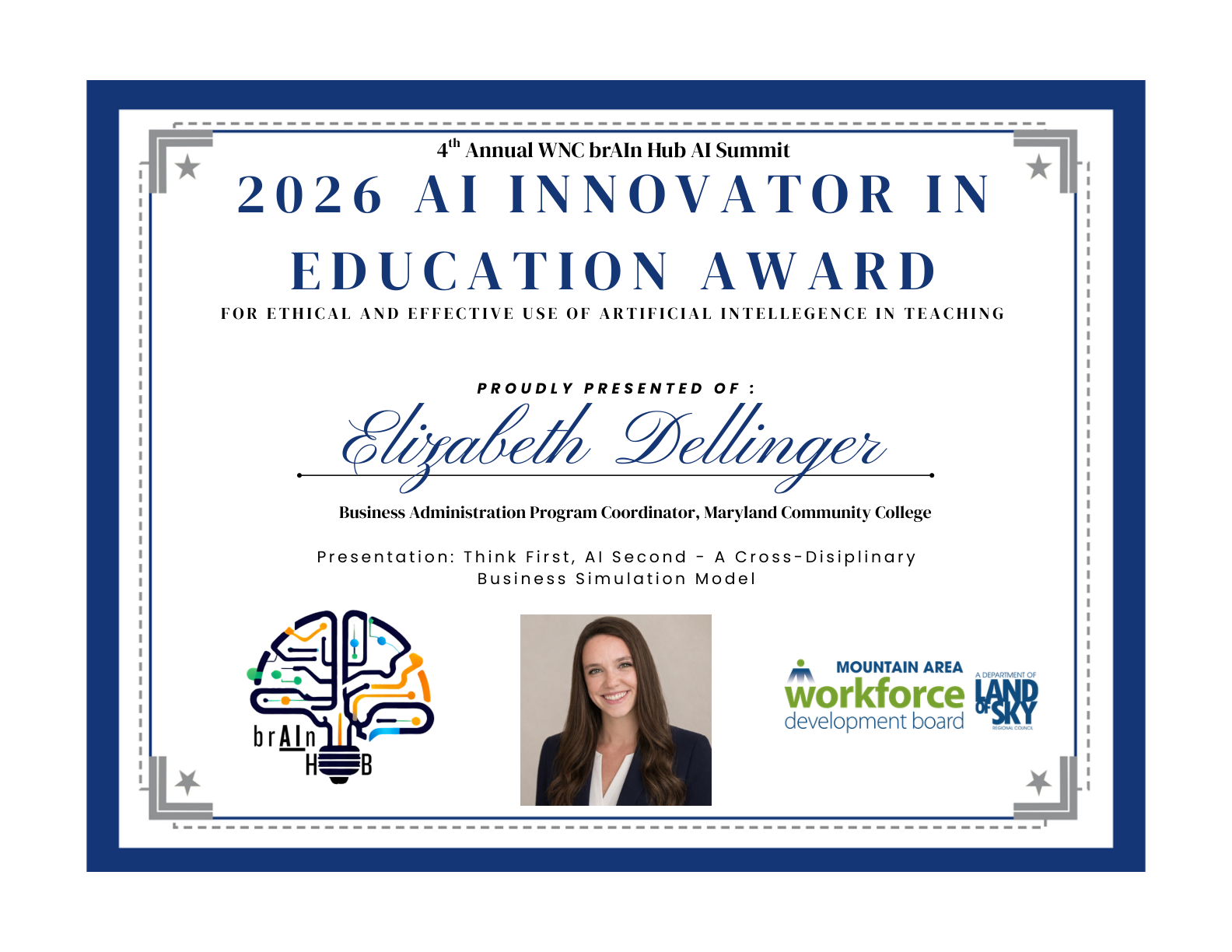 Award certificate for Elizabeth Dellinger