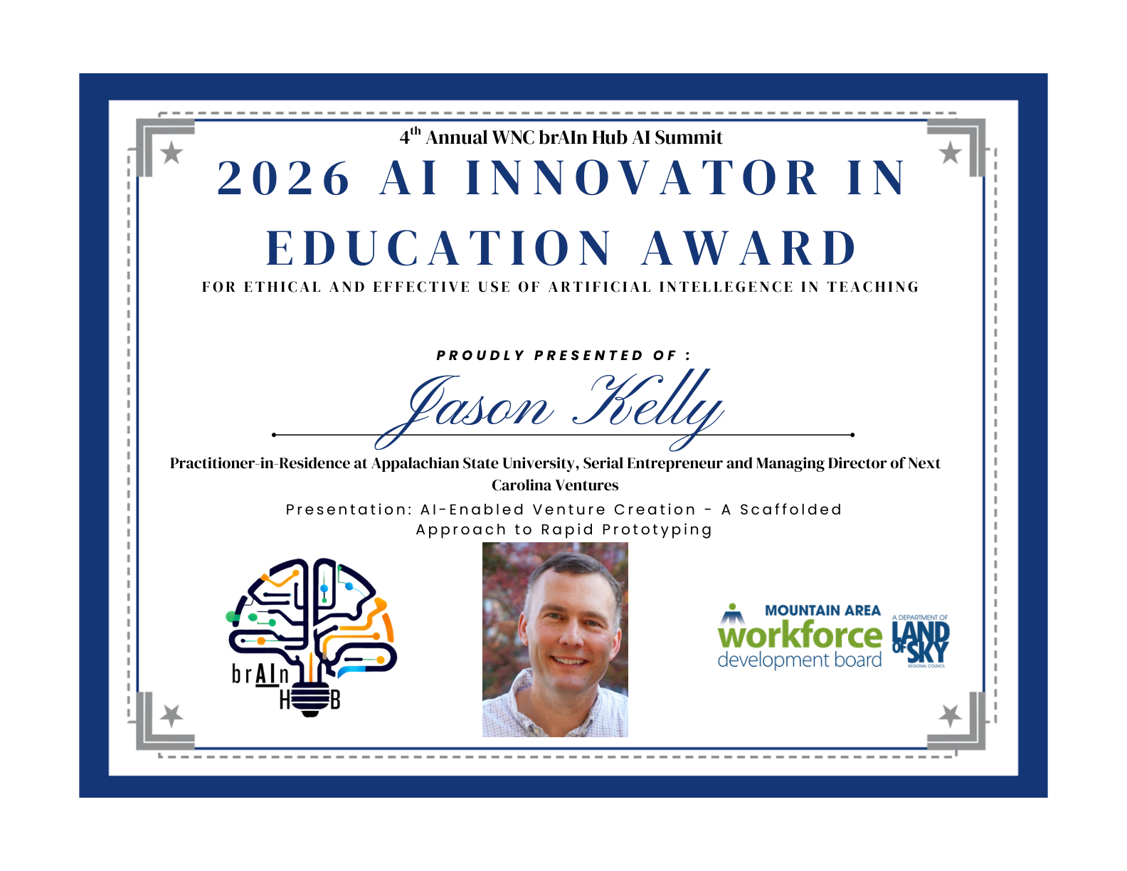 Award certificate for Jason Kelley