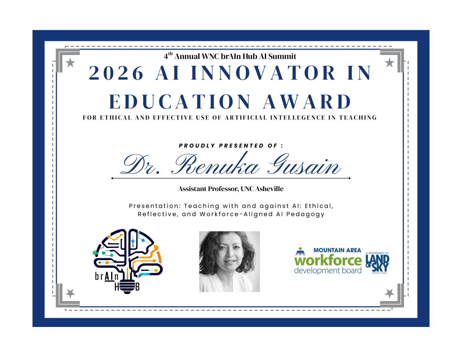 Award certificate for Dr. Renuka Gusain